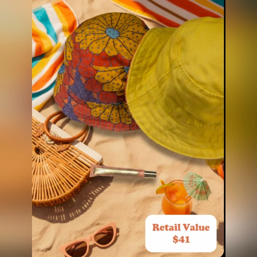 REVERSIBLE Retro Floral Bucket Hat & Nakery Beauty Lip Treatment Retail $41